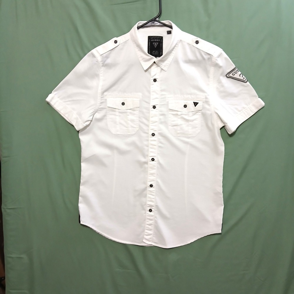 GUESS Women White Button Up Shirt Medium Cotton Short Sleeve Summer Casual Top
